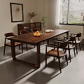 Modern Solid Wood Dining Table With Six Chairs Fruit Bowl Green Plant And White Napkin