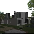 Modern Detached Villa With White Exterior Geometric Design And Courtyard Greenery Lawn Trees