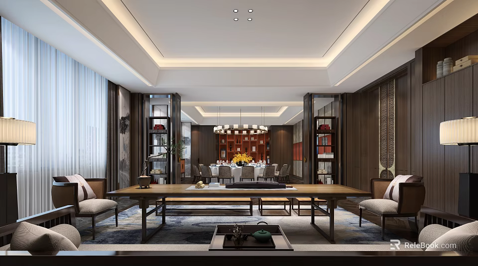 Elegant Chinese Style Private Dining Box Interior With Chandelier Dining Table And Bookshelves 3d model 