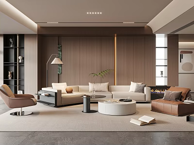 Modern Minimalist Living Room Interior Design With Wooden Wall Sofa Coffee Table And Floor Lamp 3d model