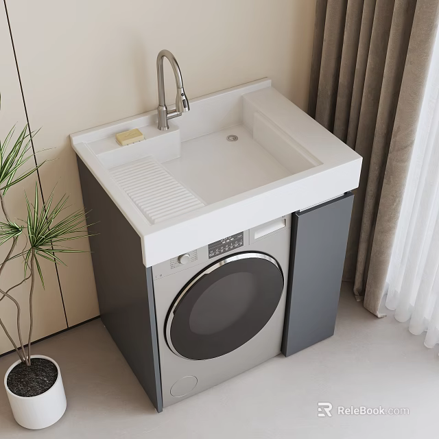Home Balcony With Washing Machine Cabinet White Countertop Faucet Sink Plant And Curtain 3d model 