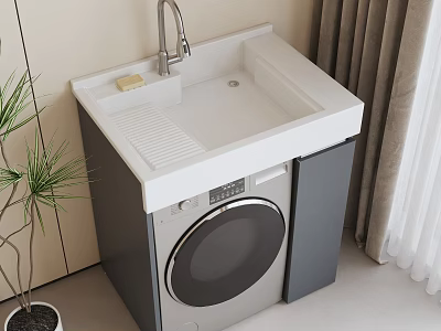 Home Balcony With Washing Machine Cabinet White Countertop Faucet Sink Plant And Curtain 3d model