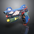 Colorful Children's Toy Gun with Blue Body Cloud Patterns Red Yellow Accents and Vibrant Design