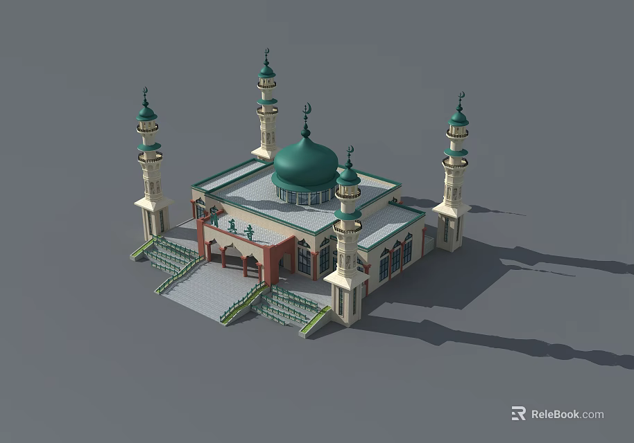 Islamic Mosque Architecture With Green Dome And Minarets For Religious Worship 3d model 