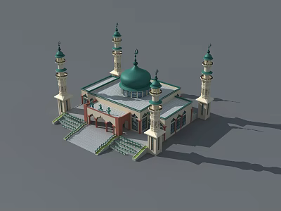 Islamic Mosque Architecture With Green Dome And Minarets For Religious Worship 3d model