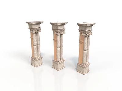 Three Classical Stone Columns With Carved Details And Fluted Shafts On White Background 3d model