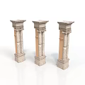 Three Classical Stone Columns With Carved Details And Fluted Shafts On White Background