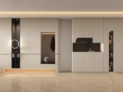 Modern Built in Shoe Cabinet Design With Hanging Area Mirror And Open Shelves 3d model