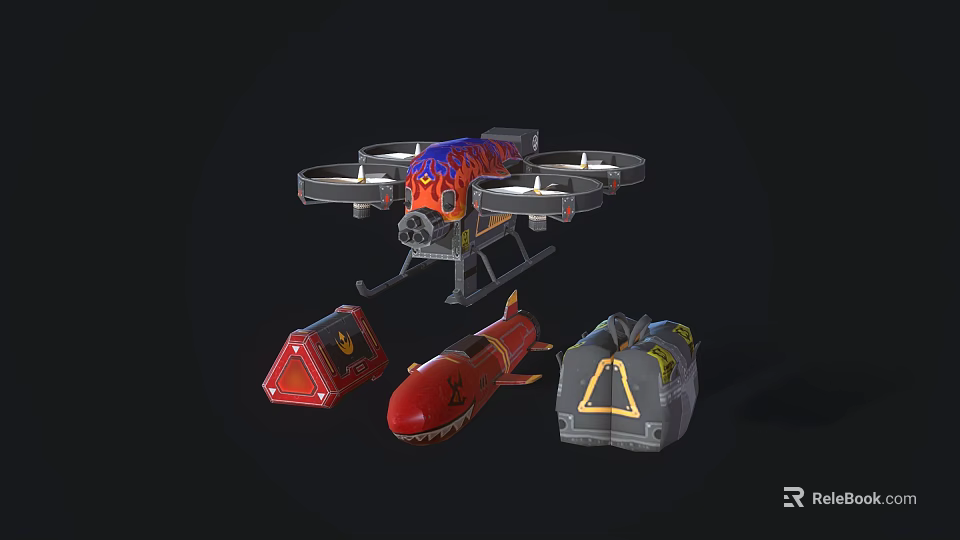 Weaponized Four Rotor Drone With Red Missile Ammunition Box And Storage Container 3d model 