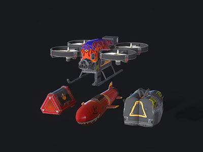 Weaponized Four Rotor Drone With Red Missile Ammunition Box And Storage Container 3d model