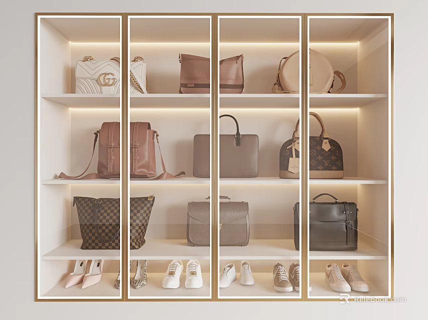 Elegant Illuminated Bag Shelving Unit With Various Designer Bags And Shoes 3d model 