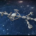 White Mechanical Space Station Structure With Starry Nebula Background In Cosmic Scene