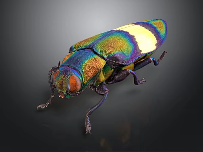 Vibrant Iridescent Beetle With Green Blue Yellow Stripes On Dark Background 3d model