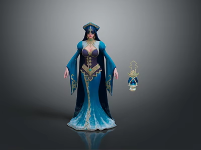 Game Movie Character In Blue Robe With Golden Decorations And Lantern Accessory 3d model