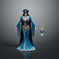 Game Movie Character In Blue Robe With Golden Decorations And Lantern Accessory