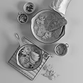 Fresh Fried Eggs With Vegetables And Herbs Served In Cast Iron Pans With Bread Slices