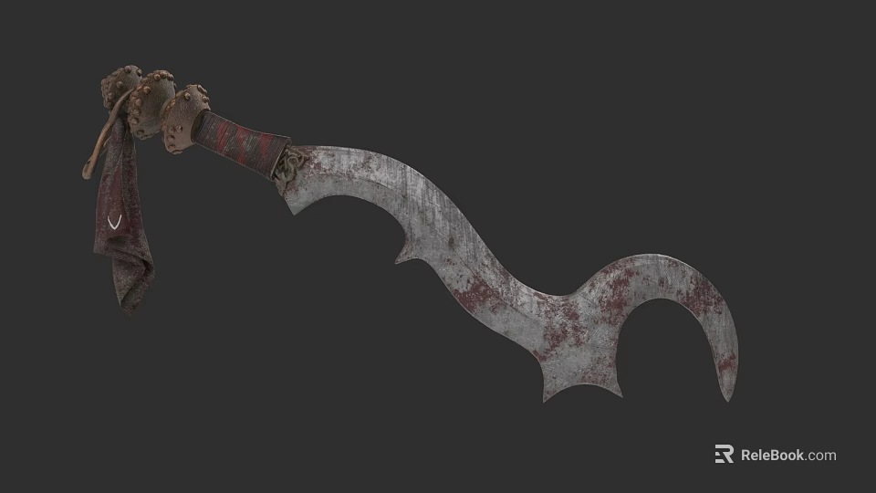 Rusty Bloodstained Curved Blade Weapon With Leather Wrapped Handle And Decorative Hilt 3d model 