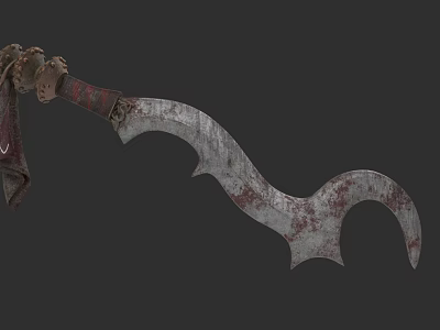 Rusty Bloodstained Curved Blade Weapon With Leather Wrapped Handle And Decorative Hilt 3d model