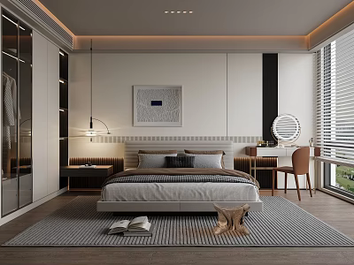 Modern Bedroom Interior With Bed Nightstand Rug Artwork And Window Blinds 3d model