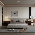 Modern Bedroom Interior With Bed Nightstand Rug Artwork And Window Blinds