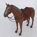 Brown Horse With Silver Mask And Red Saddle Standing In White Setting
