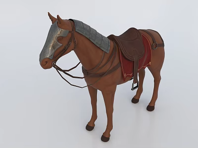 Brown Horse With Silver Mask And Red Saddle Standing In White Setting 3d model