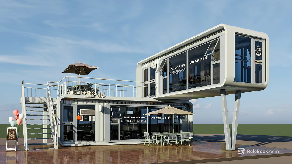 Modern Double Deck Container Garden Ornament Coffee Shop With Outdoor Leisure Lounge Area 3d model 