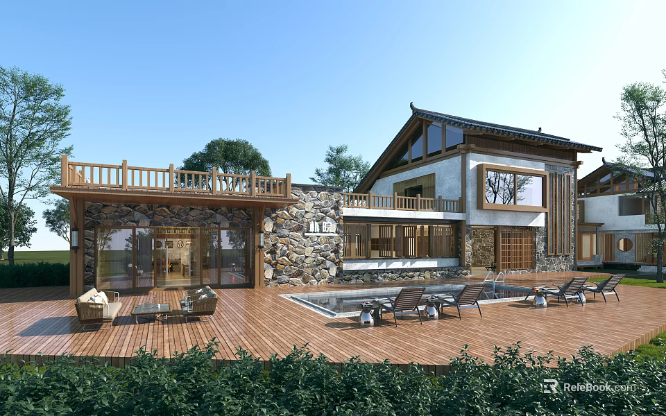 Rural Self Built House Featuring Wooden Deck Swimming Pool Stone Walls And Loungers 3d model 