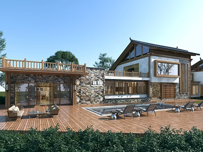Rural Self Built House Featuring Wooden Deck Swimming Pool Stone Walls And Loungers 3d model