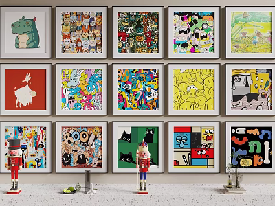 Abstract Paintings Wall Display With Colorful Diverse Styles And White Frames 3d model