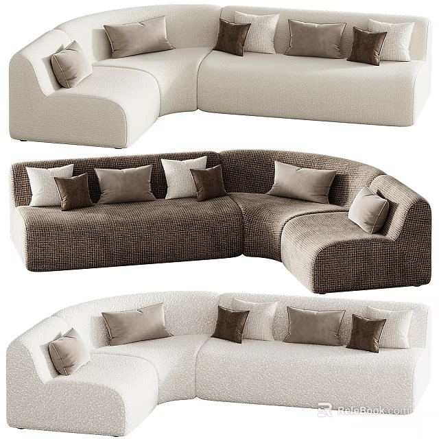 Stylish Curved Multi Person Sectional Sofas With Various Fabrics And Cozy Decorative Throw Pillows 3d model 