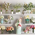 Colorful Flower Arrangements in Diverse Vases on Shelves with Decorative Plants and Ornaments