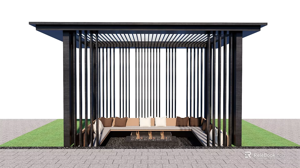 Outdoor Pergola With Black Slatted Design Fire Pit And Cushioned Sofa 3d model