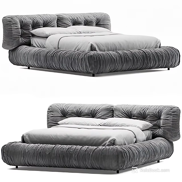 Modern Gray Tufted Upholstered Double Bed With Soft Mattress And Headboard 3d model 
