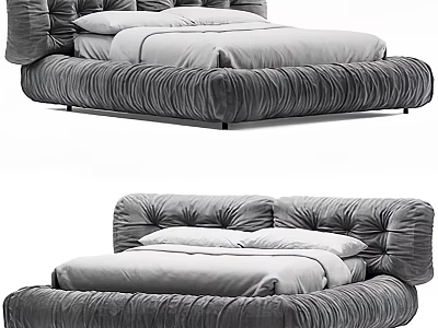 Modern Gray Tufted Upholstered Double Bed With Soft Mattress And Headboard 3d model