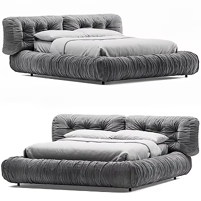 Modern Gray Tufted Upholstered Double Bed With Soft Mattress And Headboard 3d model