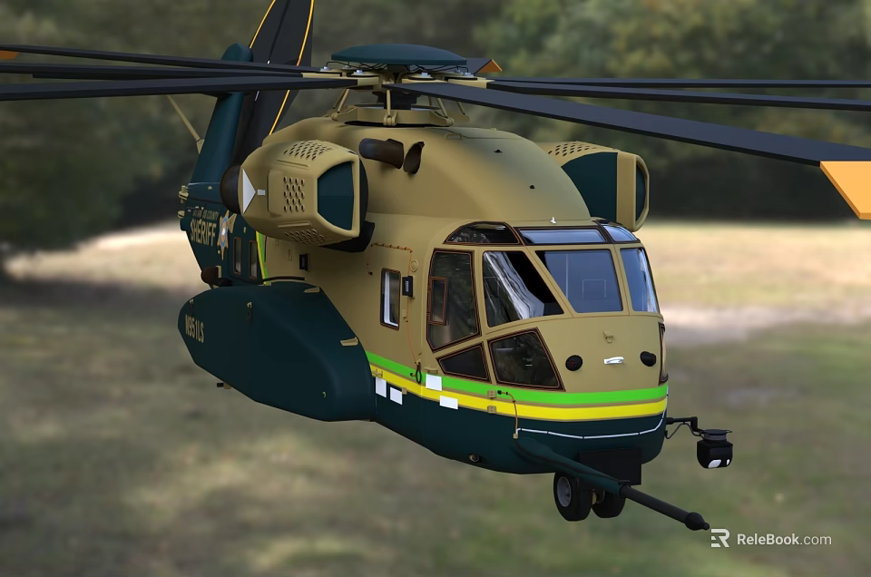 Military Green And Khaki Helicopter With Green Yellow Stripes Flying Over Grassland And Trees 3d model 