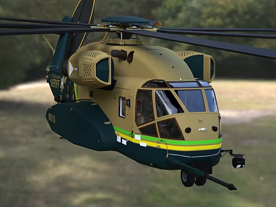 Military Green And Khaki Helicopter With Green Yellow Stripes Flying Over Grassland And Trees 3d model