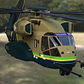 Military Green And Khaki Helicopter With Green Yellow Stripes Flying Over Grassland And Trees