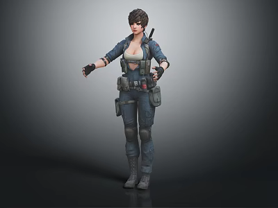 Woman with short hair wearing blue tactical gear and utility pants with knee pads 3d model