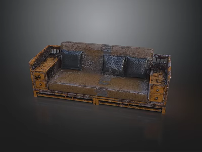 Rustic Wooden Multi Person Sofa With Drawers And Black Cushions Design 3d model