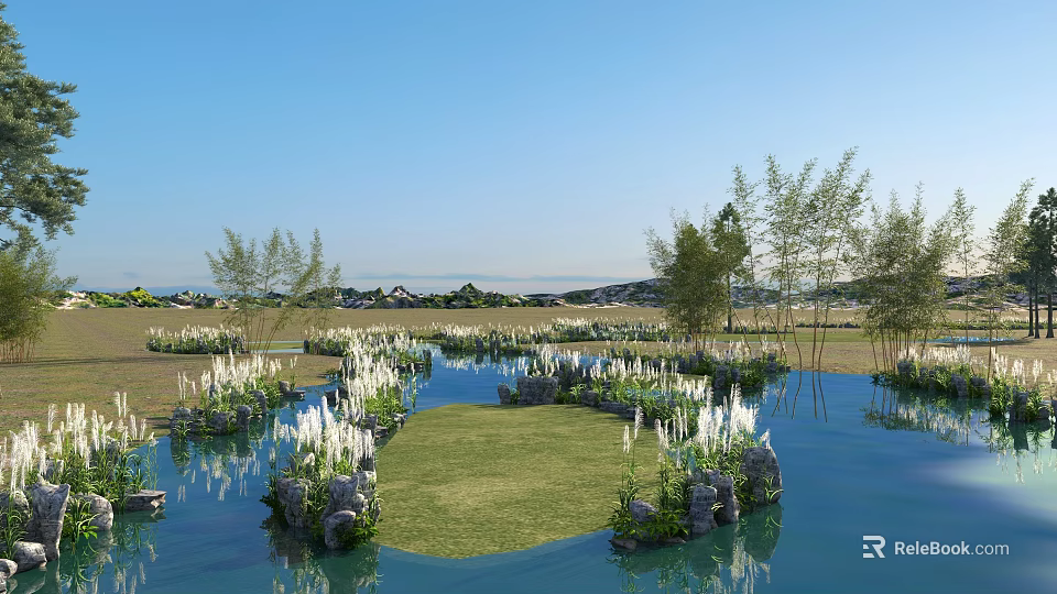Beautiful Natural Waterside Landscape With Clear Blue Water Lush Reeds Green Grass Under Bright Sky 3d model 