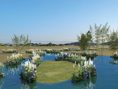 Beautiful Natural Waterside Landscape With Clear Blue Water Lush Reeds Green Grass Under Bright Sky 3d model