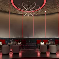 Red Themed Bar Interior With Circular Ceiling Glowing Decor And Seating Area 3d model