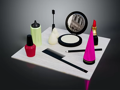 Various Beauty Cosmetics and Tools on Display Tray with Lipstick Mirror Brush and Comb 3d model