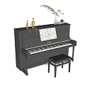 Black Yamaha Upright Piano With Sheet Music Vase Plant Figurines And Stool