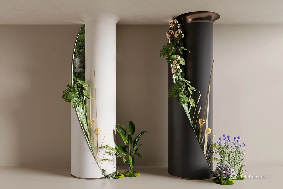 White And Black Decorative Columns With Mirror Accents And Green Plants 3d model 