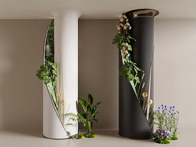 White And Black Decorative Columns With Mirror Accents And Green Plants 3d model