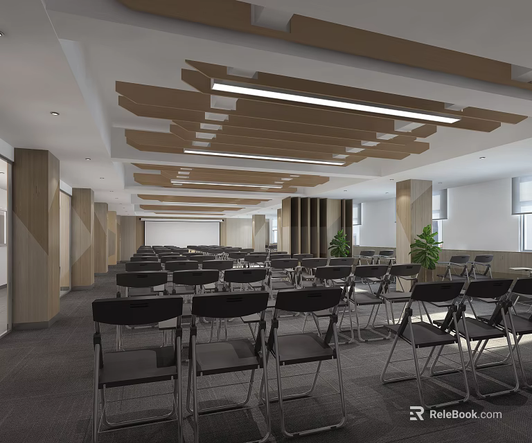 Spacious Conference Room Interior Design With Arranged Chairs Wooden Ceiling And Linear Lights 3d model 