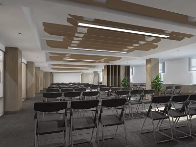 Spacious Conference Room Interior Design With Arranged Chairs Wooden Ceiling And Linear Lights 3d model